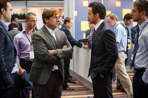 Jaap Buitendijk/Paramount Pictures via AP
This photo provided by Paramount Pictures shows, Rafe Spall, from left, as Danny Moses, Jeremy Strong as Vinnie Daniel, Steve Carell as Mark Baum, Ryan Gosling as Jared Vennett and Jeffry Griffin as Chris, in the film, 