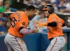 Baltimore Orioles' Renato Nunez, right, celebrates his two-run home run against the Toronto Blue Jays with teammate Anthony Santander in the fourth inning of their American League MLB baseball game in Toronto, Saturday, July 6, 2019. THE CANADIAN PRESS/Fred Thornhill