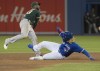 Toronto Blue Jays Vladimir Guerrero Jr. slides hard into second base but is out on the force as Oakland Athletics' Jurickson Profar throws to first base in the fifth inning of their American League MLB baseball game in Toronto Saturday April 27, 2019. THE CANADIAN PRESS/Fred Thornhill