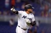 Miami Marlins' Harold Ramirez (47) hits a walk off home run during the 12th inning of a baseball game against the Minnesota Twins on Thursday, Aug. 1, 2019, in Miami. (AP Photo/Brynn Anderson)