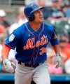 New York Mets' Michael Conforto (30) follows the flight of his home run in the first inning during an exhibition spring training baseball game against the Miami Marlins on Saturday, March 16, 2019, in Jupiter, Fla. (AP Photo/Brynn Anderson)