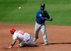 New York Mets second baseman Dilson Herrera (16) forces out Washington Nationals' Matt Adams (15) at second on a double play in the fourth inning of an exhibition spring training baseball game Thursday, March 7, 2019, in West Palm Beach, Fla. (AP Photo/Brynn Anderson)