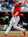 Philadelphia Phillies' Bryce Harper lines a single off Detroit Tigers starting pitcher Spencer Turnbull during the fourth inning of a spring training baseball game Wednesday, March 20, 2019, in Clearwater, Fla. (AP Photo/Chris O'Meara)