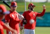 Philadelphia Phillies' Bryce Harper, right, holds up a baseball after taking batting practice before a spring training baseball game against the Tampa Bay Rays Monday, March 11, 2019, in Clearwater, Fla. (AP Photo/Chris O'Meara)