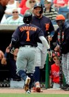 Detroit Tigers' Josh Harrison (1) celebrates with Miguel Cabrera after Harrison hit a home run off Philadelphia Phillies starting pitcher Nick Pivetta during the third inning of a spring training baseball game Wednesday, March 20, 2019, in Clearwater, Fla. (AP Photo/Chris O'Meara)