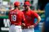 Philadelphia Phillies manager Gabe Kapler (19) talks to Bryce Harper before a spring training baseball game against the Tampa Bay Rays Monday, March 11, 2019, in Clearwater, Fla. (AP Photo/Chris O'Meara)