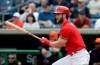 Philadelphia Phillies' Bryce Harper watches his single off Detroit Tigers starting pitcher Spencer Turnbull during the fourth inning of a spring training baseball game Wednesday, March 20, 2019, in Clearwater, Fla. (AP Photo/Chris O'Meara)