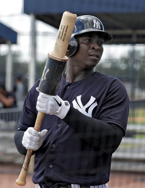 New York Yankees' Didi Gregorius waits in the on-deck circle during a Gulf Coast League baseball game Monday, May 20, 2019, in Tampa, Fla. Gregorius is playing for the first time since having Tommy John surgery. (AP Photo/Chris O'Meara)