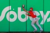 Philadelphia Phillies right fielder Lane Adams (18) can't get to a double by Toronto Blue Jays' Rowdy Tellez during the second inning of a spring training baseball game Wednesday, March 6, 2019, in Dunedin, Fla. (AP Photo/Chris O'Meara)