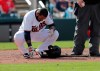 Minnesota Twins Jordany Valdespin reacts after being hit by a pitch in the eighth inning of their spring training baseball game against the Boston Red Sox in Fort Myers, Fla., Friday, March 1, 2019. (AP Photo/Gerald Herbert)