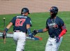 Atlanta Braves' Jonathan Morales, left, congratulates teammate Ronald Acuna Jr., right, on his sixth inning home run against the Houston Astros in a spring baseball exhibition game, Monday, March 4, 2019, in Kissimmee, Fla. (AP Photo/John Raoux)