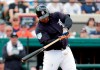 Detroit Tigers' Miguel Cabrera hits a double in the first inning during a spring training baseball game against the New York Yankees, Wednesday, Feb. 27, 2019, in Lakeland, Fla. (AP Photo/Lynne Sladky)
