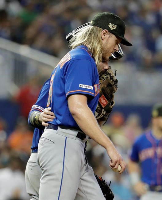 New York Mets starting pitcher Noah Syndergaard talks with catcher Tomas Nido, left, in the sixth inning of a baseball game, Sunday, May 19, 2019, in Miami. (AP Photo/Lynne Sladky)