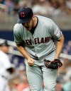 Cleveland Indians starting pitcher Trevor Bauer shouts as he walks to the dugout after pitching during the second inning of the team's baseball game against the Miami Marlins, Tuesday, April 30, 2019, in Miami. (AP Photo/Lynne Sladky)