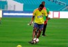 Colombia defender Yerry Mina does drills in preparation for the team's friendly soccer match Friday against Brazil, Thursday, Sept. 5, 2019, in Miami Gardens, Fla. (AP Photo/Lynne Sladky)