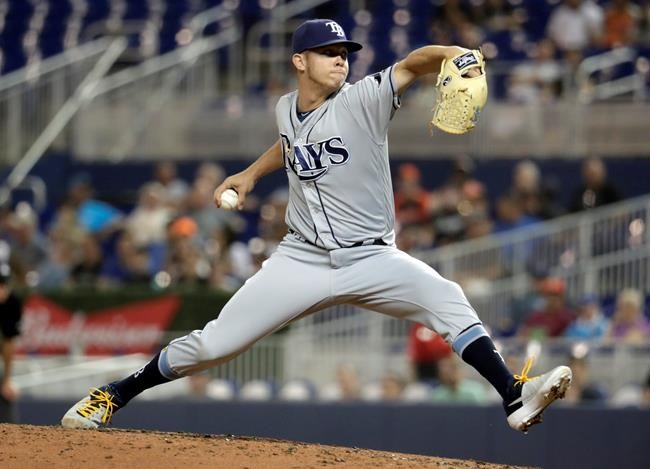 Tampa Bay Rays reliever Emilio Pagan throws during the fifth inning of the team's baseball game against the Miami Marlins, Wednesday, May 15, 2019, in Miami. (AP Photo/Lynne Sladky)
