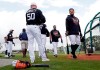 Detroit Tigers first baseman Miguel Cabrera, right, walks from the batting cage at the Tigers spring training baseball facility, Monday, Feb. 18, 2019, in Lakeland, Fla. (AP Photo/Lynne Sladky)