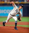Tampa Bay Rays starting pitcher Tyler Glasnow throws during the first inning of a baseball game against the Houston Astros, Saturday, March 30, 2019, in St. Petersburg, Fla. (AP Photo/Mike Carlson)