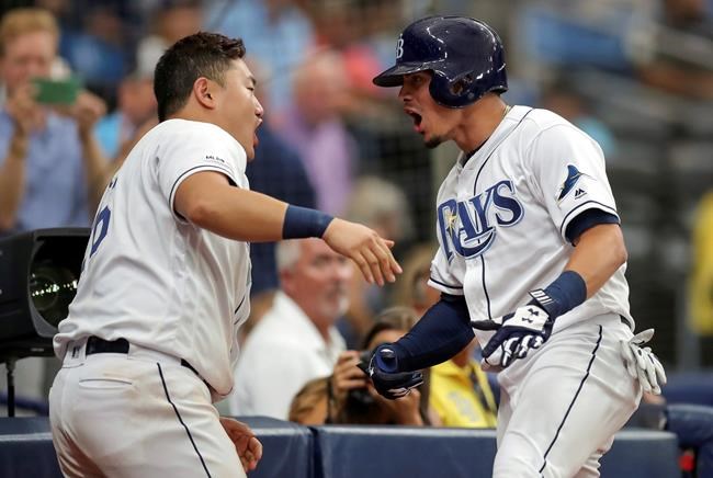 Tampa Bay Rays' Willy Adames, right, celebrates with Ji-Man Choi after his home run against the Texas Rangers during the seventh inning of a baseball game Saturday, June 29, 2019, in St. Petersburg, Fla. (AP Photo/Mike Carlson)