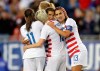 United States' Tobin Heath, second from right, is congratulated on her goal by Mallory Pugh (11), Megan Rapinoe and Alex Morgan (13) during the first half of a SheBelieves Cup soccer match against Brazil Tuesday, March 5, 2019, in Tampa, Fla. (AP Photo/Mike Carlson)