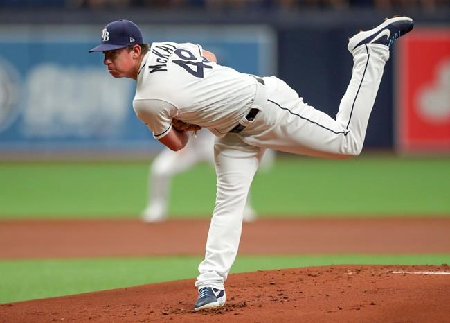 Tampa Bay Rays starting pitcher Brendan McKay throws against the Texas Rangers in the first inning of his major league debut in a baseball game Saturday, June 29, 2019, in St. Petersburg, Fla. (AP Photo/Mike Carlson)