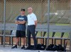 Miami Marlins Special advisor to baseball operations Jorge Posada, left, and Marlins Chief Executive Officer Derek Jeter talk during a workout at the team's spring training baseball facility in Jupiter, Fla., Monday, Feb. 18, 2019, (David Santiago/Miami Herald via AP)
