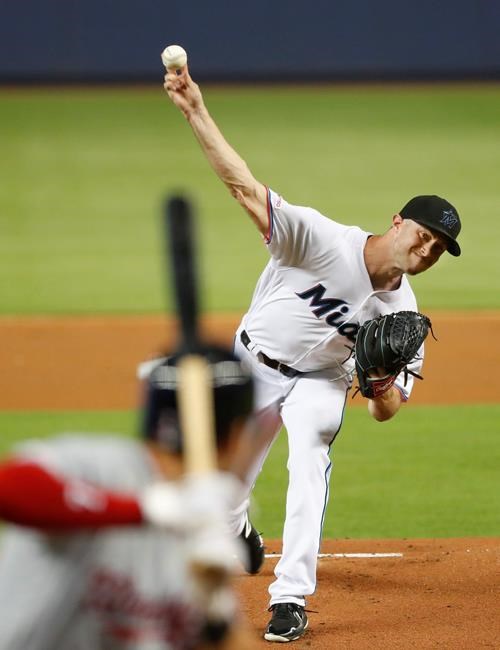 Miami Marlins' Trevor Richards pitches to Washington Nationals' Trea Turner during the first inning of a baseball game Tuesday, June 25, 2019, in Miami. (AP Photo/Wilfredo Lee)