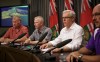 Melissa Tait / Winnipeg Free Press
Premier Greg Selinger (second from right) announces a worsening flood forecast, joined by (from left) Steve Topping of the Emergency Measures Organization,  Doug McMahon from Manitoba Infrastructure and Lee Spencer of the EMO.