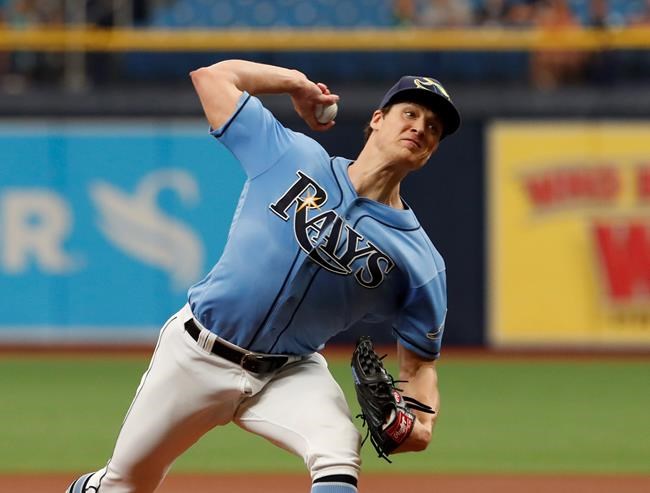 Tampa Bay Rays pitcher Tyler Glasnow works from the mound against the Toronto Blue Jays during the first inning of a baseball game on Sunday Sept. 8, 2019, in St. Petersburg, Fla. (AP Photo/Scott Audette)