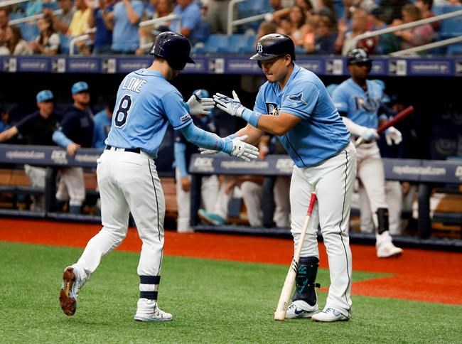 Tampa Bay Rays Brandon Lowe, left, celebrates with the Rays Ji-Man Choi after hitting a home run against the Los Angeles Angels during the first inning of a baseball game Sunday, June 16, 2019, in St. Petersburg, Fla. (AP Photo/Scott Audette)