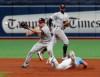 Tampa Bay Rays' Kevin Kiermaier, right, steals second base, beating the throw to New York Yankees' Breyvic Valera, left, during the fifth inning of a baseball game Sunday, July 7, 2019, in St. Petersburg, Fla. (AP Photo/Scott Audette)