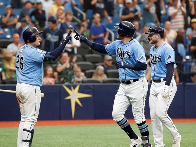 Tampa Bay Rays' Avisail Garcia, center, celebrates with teammate Ji-Man Choi after hitting a home run against the Toronto Blue Jays during the seventh inning of a baseball game on Sunday Sept. 8, 2019, in St. Petersburg, Fla. (AP Photo/Scott Audette)