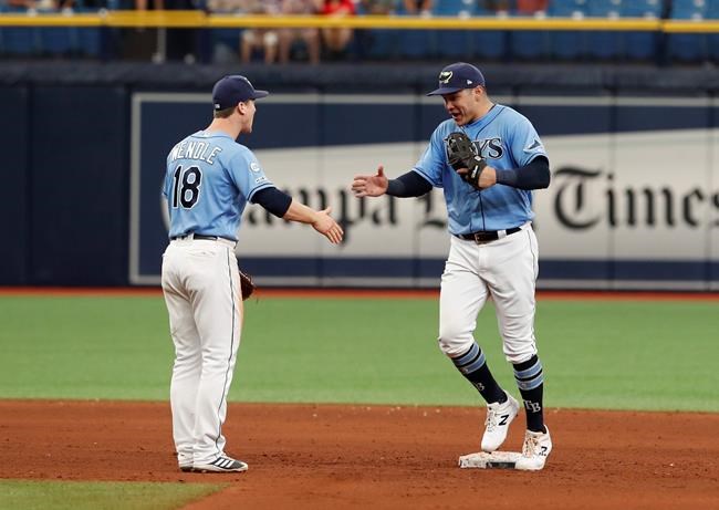 Tampa Bay Rays' Avisail Garcia, right, celebrates with teammate Joey Wendle after a baseball game against the Toronto Blue Jays, Sunday Sept. 8, 2019, in St. Petersburg, Fla. (AP Photo/Scott Audette)