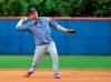 New York Mets infielder Todd Frazier throws to first during spring training baseball practice Monday, Feb. 18, 2019, in Port St. Lucie, Fla. (AP Photo/Jeff Roberson)