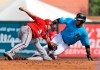 Miami Marlins' Harold Ramirez, right, is safe at second for a stolen base ahead of the tag from Washington Nationals second baseman Brian Dozier during the fifth inning of an exhibition spring training baseball game Friday, March 1, 2019, in Jupiter, Fla. (AP Photo/Jeff Roberson)