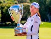 ,Jin Young Ko of South Korea poses with the trophy after winning the CP Women's Open in Aurora, Ont. on Sunda,y August 25, 2019. THE CANADIAN PRESS/Frank Gunn