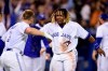 Toronto Blue Jays' Brandon Drury (3) celebrates his walk off home run with teammate Vladimir Guerrero Jr. during ninth inning MLB American League baseball action against the Oakland Athletics in Toronto on Friday, April 26, 2019. THE CANADIAN PRESS/Frank Gunn