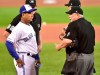 Toronto Blue Jays manager Charlie Montoyo chats with home plate umpire Dana DeMuth before the game in American League baseball action in Toronto, Thursday, March 28, 2019. THE CANADIAN PRESS/Frank Gunn