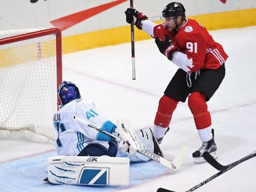 Team Canada's Steven Stamkos (91) scores on Team Europe's goalie Jaroslav Halak (41) during first period World Cup of Hockey finals action in Toronto on Tuesday, September 27, 2016.THE CANADIAN PRESS/Frank Gunn