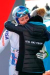 FILE - In this Sunday, Jan. 20, 2019 file photo, United States' Lindsey Vonn hugs a US team staffer in the finish area of an alpine ski, women's World Cup super-G in Cortina D'Ampezzo, Italy. It seemed like destiny played a role on Sunday when Mikaela Shiffrin won what could very well turn out to be Lindsey Vonn's last race. Vonn broke down emotionally after she failed to finish a World Cup super-G on knees so worn down that she describes them as 