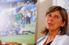 The coach of the Italian women national soccer team, Milena Bertolini, poses for photos in Rome, Monday, Oct. 21, 2019. The Italy women's team was awarded Monday with the Foreign Press Association's Invictus sports award for raising the profile of the women's game by reaching the World Cup quarterfinals. (AP Photo/Andrew Medichini)