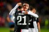 Juventus' Paulo Dybala, face to camera celebrates with his teammate Gonzalo Higuain after scoring his side's third goal during the Serie A soccer match between Atalanta and Juventus at the Azzurri d'Italia Stadium in Bergamo, Italy, Italy, Saturday, Nov. 23, 2019. (AP Photo/Antonio Calanni)