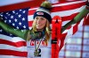 United States' Mikaela Shiffrin celebrates after winning g the bronze medal in the women's giant slalom, at the alpine ski World Championships in Are, Sweden, Thursday, Feb. 14, 2019. (AP Photo/Marco Trovati)