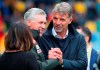Frosinone coach Marco Baroni, right, shakes hand with Napoli coach Carlo Ancelotti prior to the Serie A soccer match between Frosinone and Napoli, at the Benito Stirpe stadium in Frosinone, Italy, Sunday, April 28, 2019. (Federico Proietti/ANSA via AP)