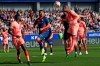 Barcelona's Malcom Oliveira, right, heads the ball during the Spanish La Liga soccer match between Huesca and Barcelona at the Alcoraz stadium in Huesca, Saturday, April 13, 2019. The match ended in a 0-0 draw. (AP Photo/Manu Fernandez)