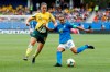 Brazil's Marta, right, tussles for the ball with Australia's Emily Gielnik during the Women's World Cup Group C soccer match between Australia and Brazil at Stade de la Mosson in Montpellier, France, Thursday, June 13, 2019. (AP Photo/Claude Paris)