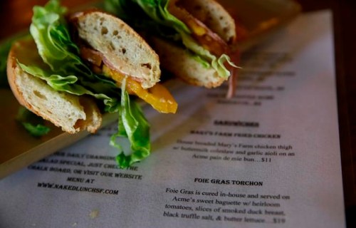 FILE - This Sept. 15, 2017, file photo shows a Foie Gras Torchon sandwich at the Naked Lunch restaurant in San Francisco. A state ban of the dish known as foie gras was upheld after the U.S. Supreme Court declined Monday, Jan. 7, 2019, to hear an appeal by chefs who served the luxury pate and farms that raise the engorged ducks and geese for their liver. (AP Photo/Eric Risberg, File)