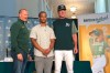 Oakland Athletics designated hitter Khris Davis, center, poses with general manager David Forst, left, and manager Bob Melvin, right, during a news conference about his contract extension Friday, April 19 2019, in Oakland, Calif. (AP Photo/Janie McCauley)