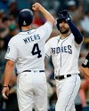 FILE - In this Sept. 15, 2018, file photo, San Diego Padres' Eric Hosmer, right, is congratulated by Wil Myers after hitting a three-run home run against the Texas Rangers during the third inning of a baseball game in San Diego. First baseman Eric Hosmer looks to settle in after an underwhelming first year with the Padres. (AP Photo/Alex Gallardo, File)