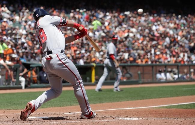 Washington Nationals' Gerardo Parra hits a three-run home run against the San Francisco Giants during the third inning of a baseball game in San Francisco, Wednesday, Aug. 7, 2019. (AP Photo/Jeff Chiu)